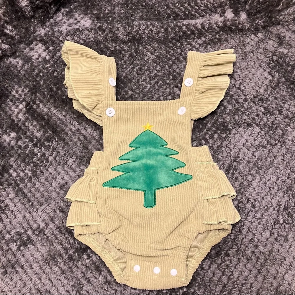 Girls Green Embroidered Christmas Tree Corduroy Overalls Romper/Jumpsuit Sz 3-6M